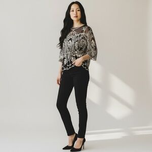 Women's M/L Black Mesh Sheer White Embroidered Overlay Causal Scalloped Top